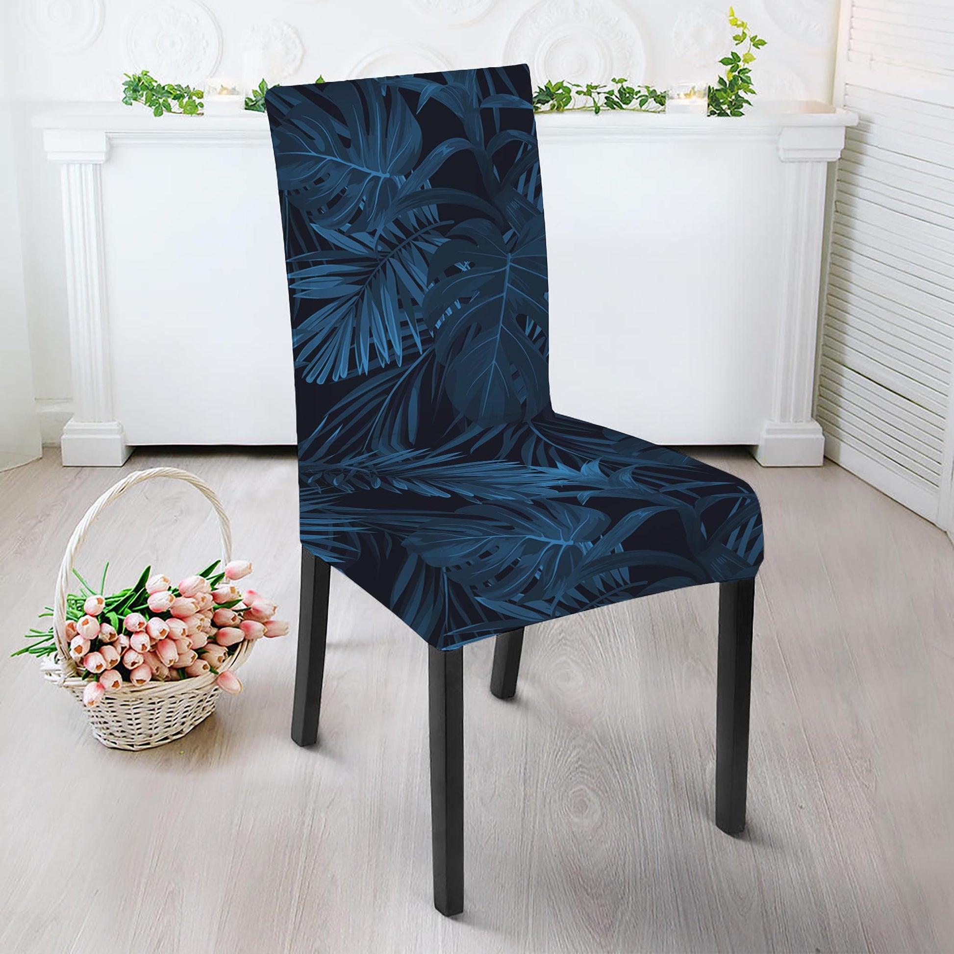 Dark Blue Tropical Leaf Pattern Print Dining Chair Slipcover