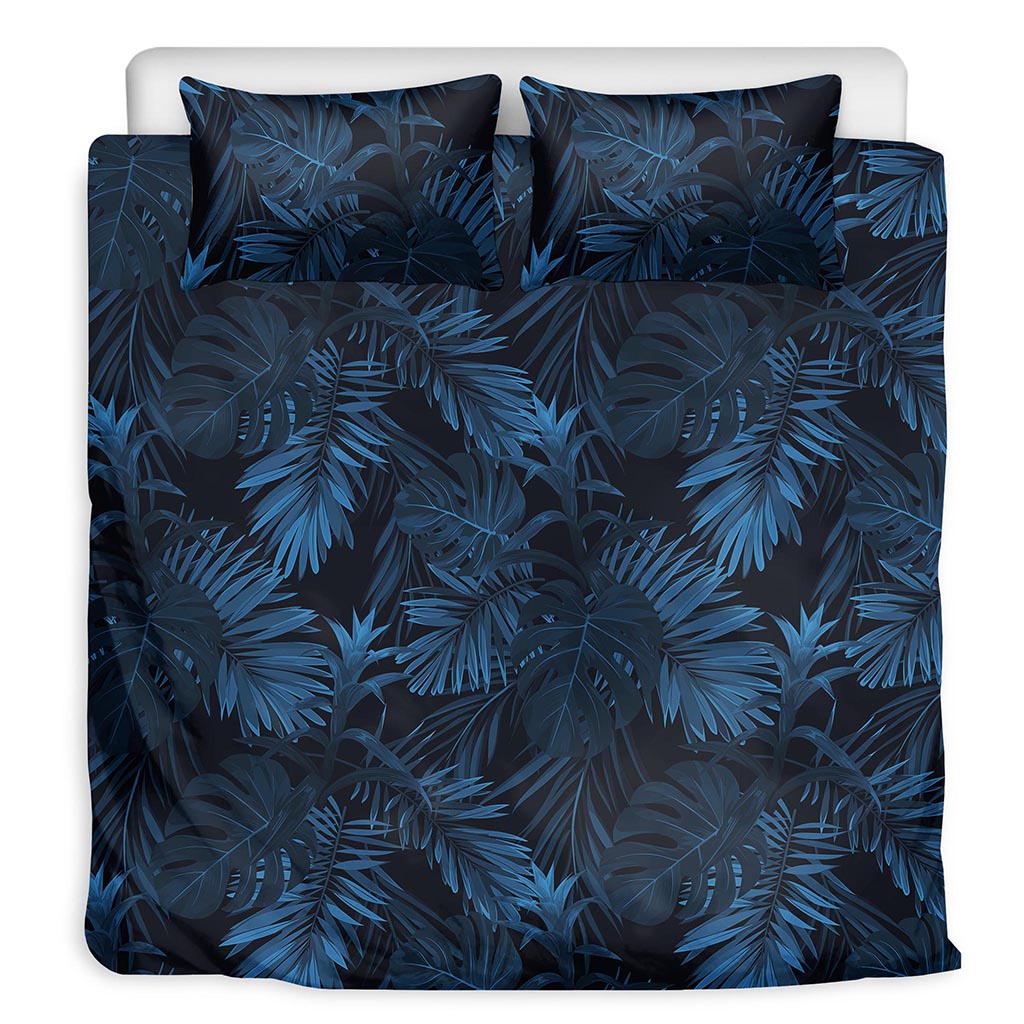 Dark Blue Tropical Leaf Pattern Print Duvet Cover Bedding Set