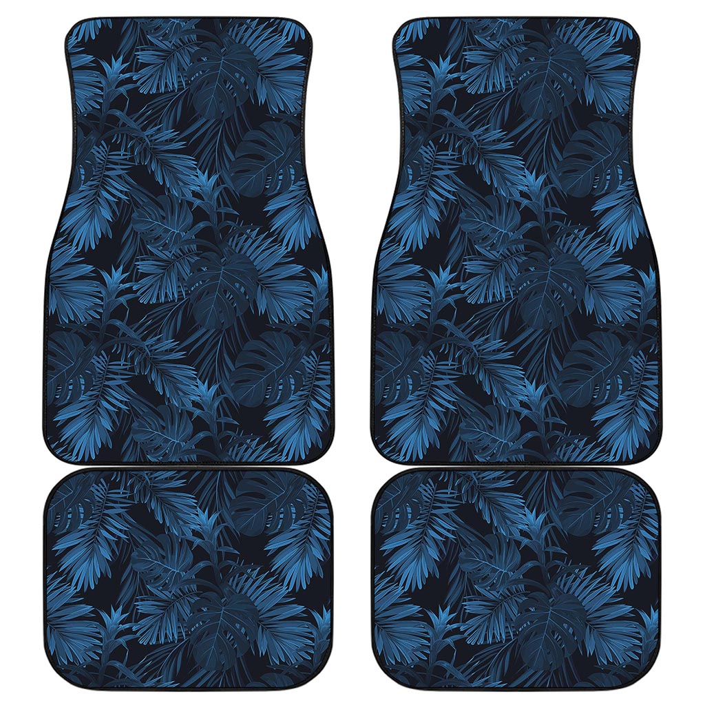 Dark Blue Tropical Leaf Pattern Print Front and Back Car Floor Mats