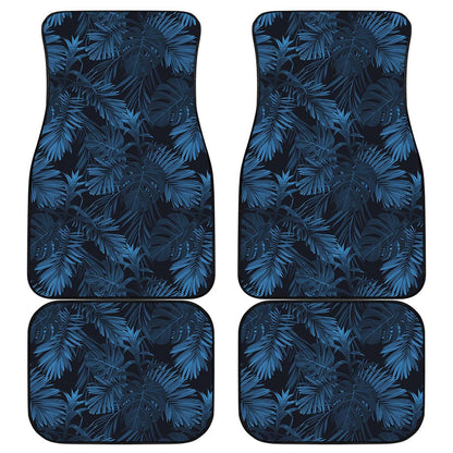 Dark Blue Tropical Leaf Pattern Print Front and Back Car Floor Mats