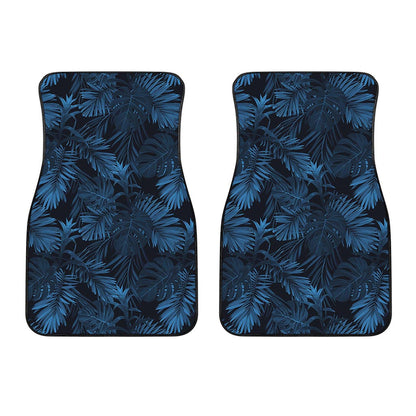 Dark Blue Tropical Leaf Pattern Print Front Car Floor Mats