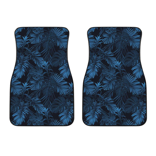 Dark Blue Tropical Leaf Pattern Print Front Car Floor Mats