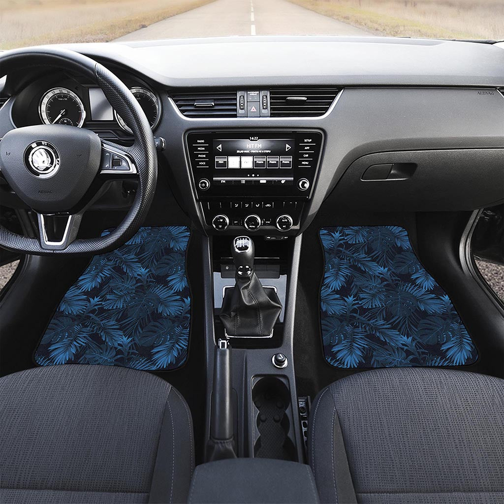 Dark Blue Tropical Leaf Pattern Print Front Car Floor Mats