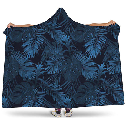 Dark Blue Tropical Leaf Pattern Print Hooded Blanket