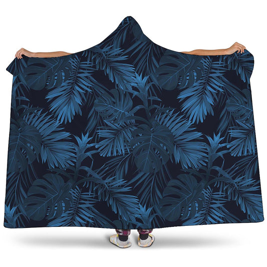 Dark Blue Tropical Leaf Pattern Print Hooded Blanket