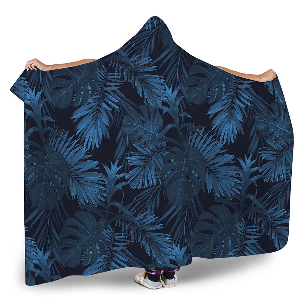 Dark Blue Tropical Leaf Pattern Print Hooded Blanket