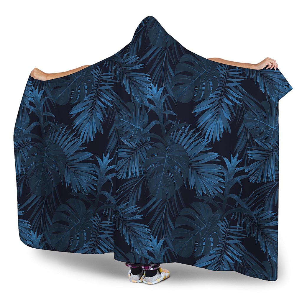 Dark Blue Tropical Leaf Pattern Print Hooded Blanket