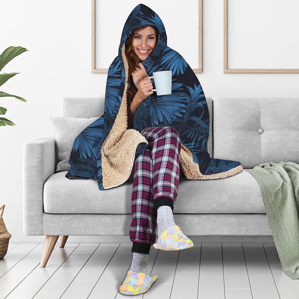 Dark Blue Tropical Leaf Pattern Print Hooded Blanket