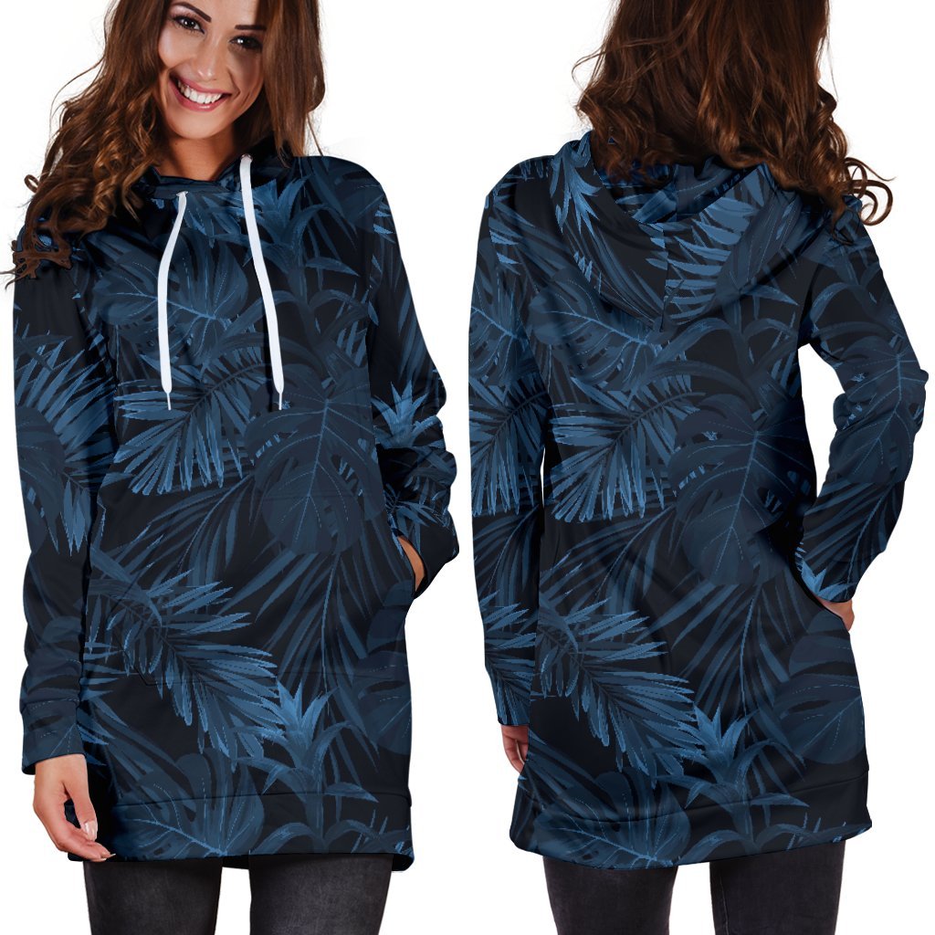 Dark Blue Tropical Leaf Pattern Print Hoodie Dress GearFrost