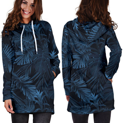 Dark Blue Tropical Leaf Pattern Print Hoodie Dress GearFrost