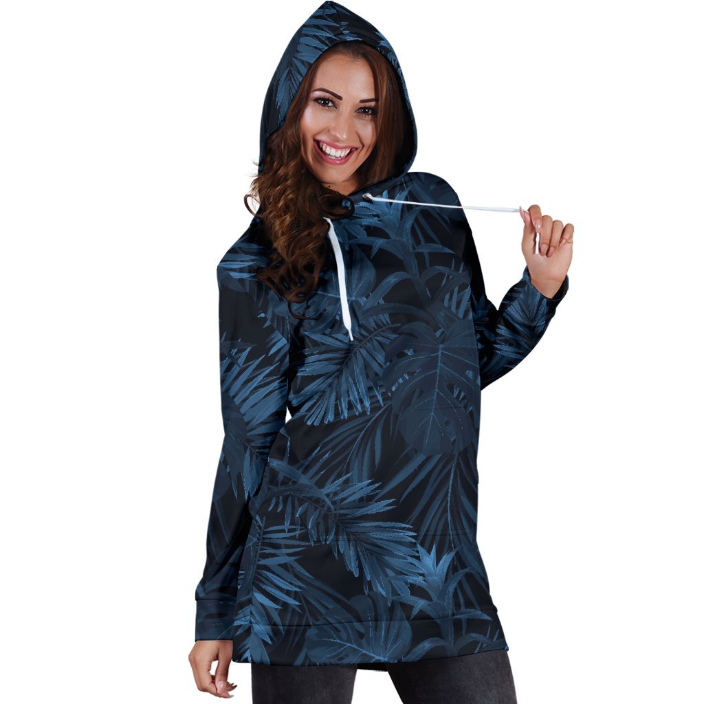Dark Blue Tropical Leaf Pattern Print Hoodie Dress GearFrost