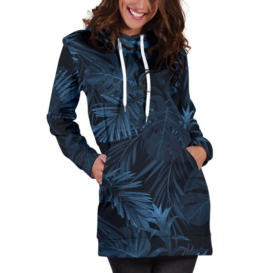 Dark Blue Tropical Leaf Pattern Print Hoodie Dress GearFrost
