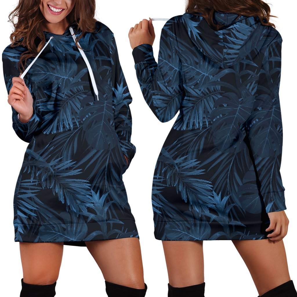 Dark Blue Tropical Leaf Pattern Print Hoodie Dress GearFrost