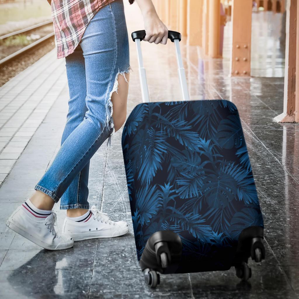 Dark Blue Tropical Leaf Pattern Print Luggage Cover GearFrost