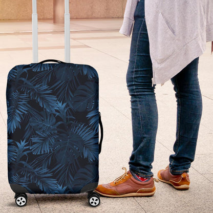 Dark Blue Tropical Leaf Pattern Print Luggage Cover GearFrost