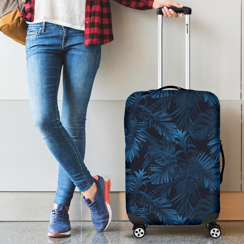 Dark Blue Tropical Leaf Pattern Print Luggage Cover GearFrost