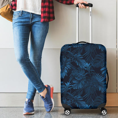 Dark Blue Tropical Leaf Pattern Print Luggage Cover GearFrost