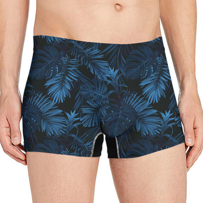 Dark Blue Tropical Leaf Pattern Print Men's Boxer Briefs