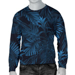 Dark Blue Tropical Leaf Pattern Print Men's Crewneck Sweatshirt GearFrost