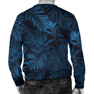 Dark Blue Tropical Leaf Pattern Print Men's Crewneck Sweatshirt GearFrost