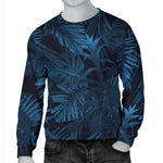 Dark Blue Tropical Leaf Pattern Print Men's Crewneck Sweatshirt GearFrost