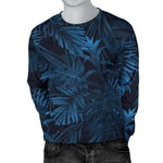 Dark Blue Tropical Leaf Pattern Print Men's Crewneck Sweatshirt GearFrost