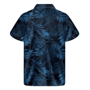 Dark Blue Tropical Leaf Pattern Print Men's Short Sleeve Shirt