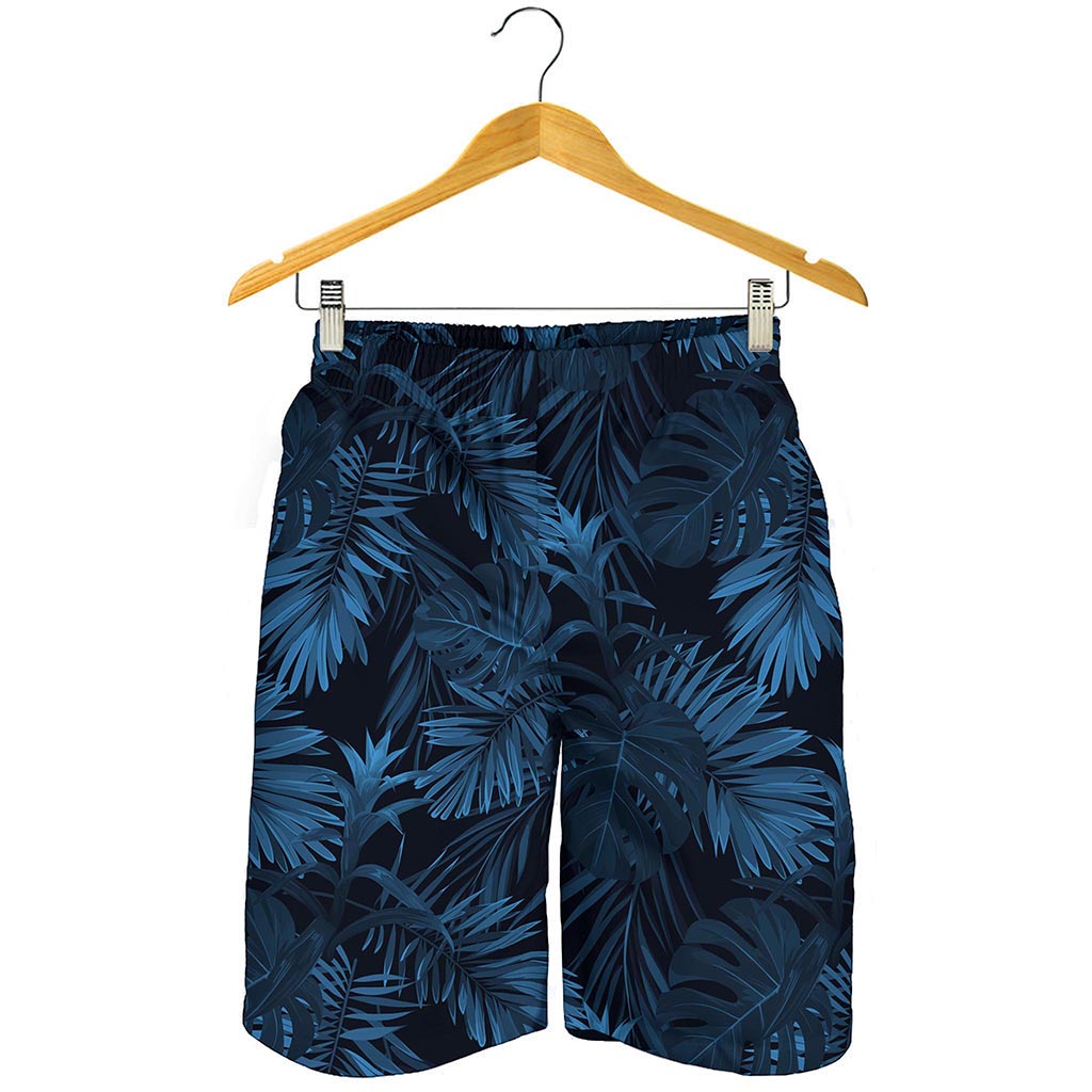 Dark Blue Tropical Leaf Pattern Print Men's Shorts
