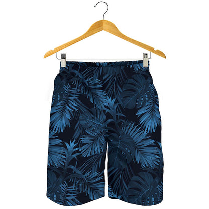 Dark Blue Tropical Leaf Pattern Print Men's Shorts