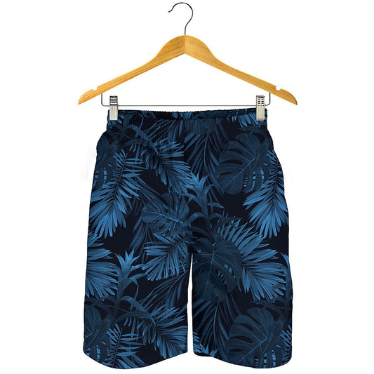 Dark Blue Tropical Leaf Pattern Print Men's Shorts