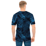 Dark Blue Tropical Leaf Pattern Print Men's T-Shirt