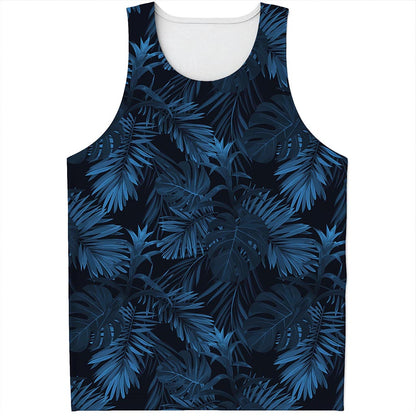 Dark Blue Tropical Leaf Pattern Print Men's Tank Top