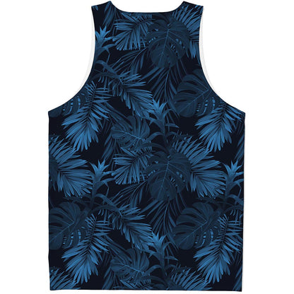Dark Blue Tropical Leaf Pattern Print Men's Tank Top