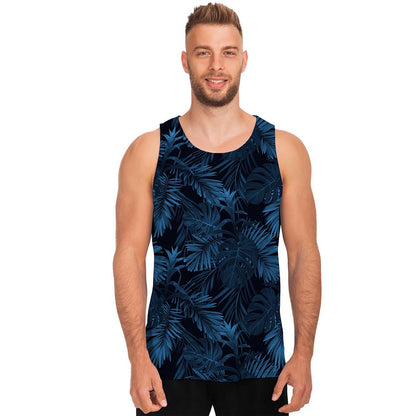 Dark Blue Tropical Leaf Pattern Print Men's Tank Top