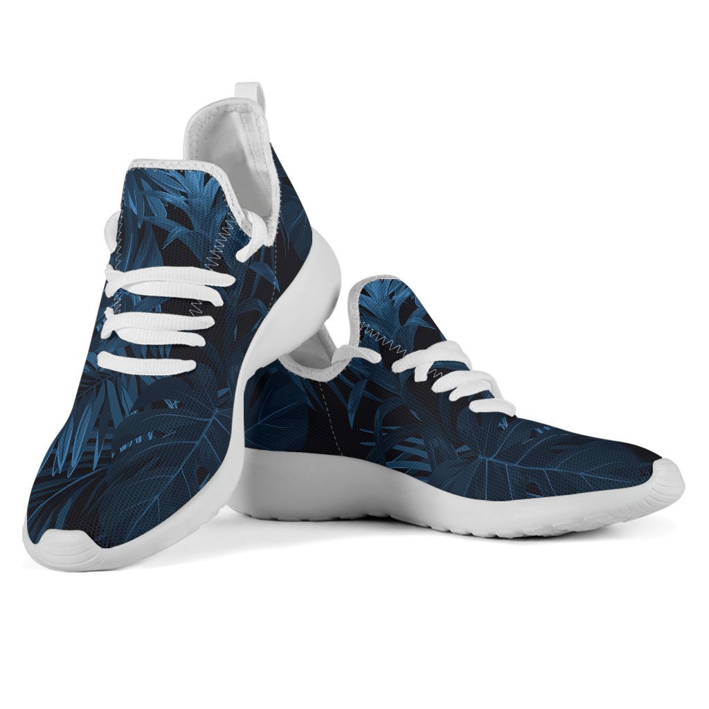 Dark Blue Tropical Leaf Pattern Print Mesh Knit Shoes GearFrost