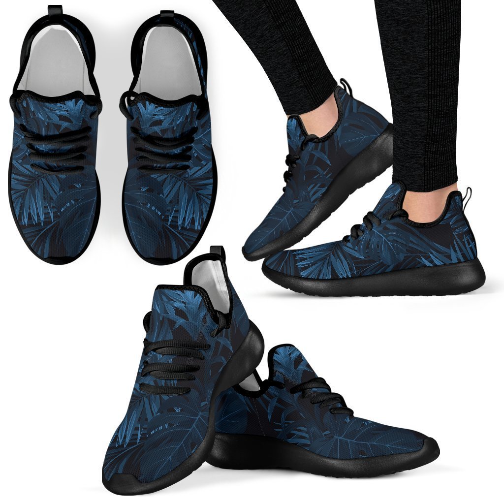 Dark Blue Tropical Leaf Pattern Print Mesh Knit Shoes GearFrost