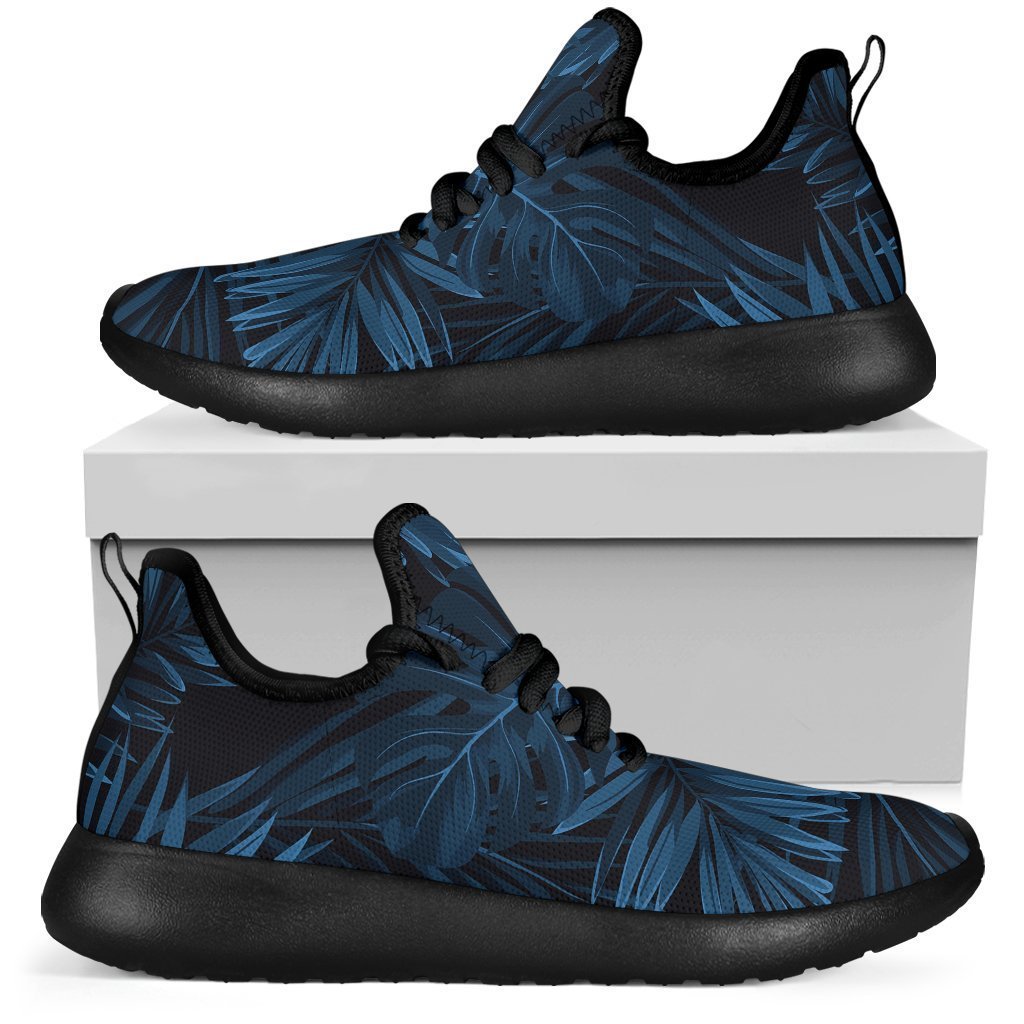 Dark Blue Tropical Leaf Pattern Print Mesh Knit Shoes GearFrost