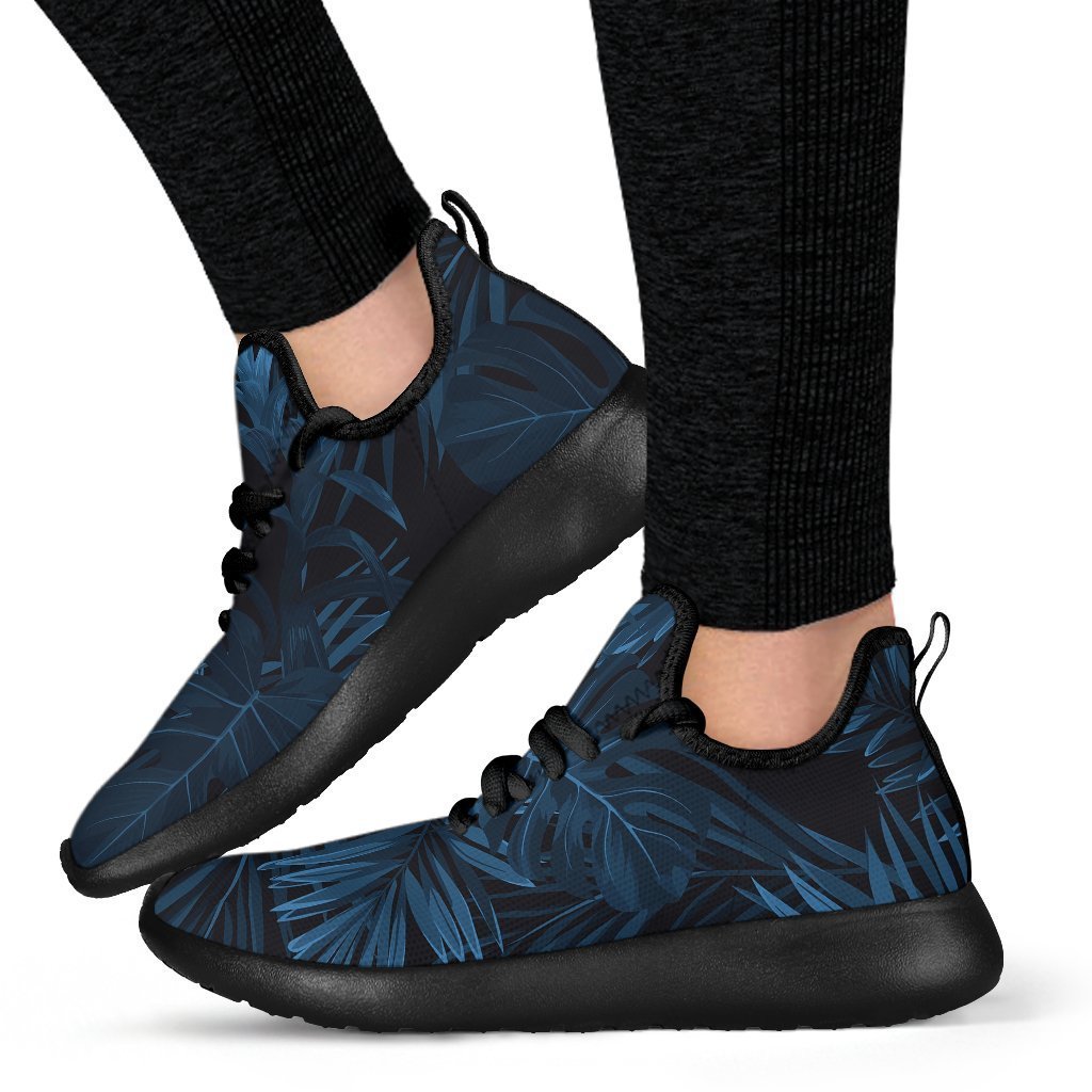 Dark Blue Tropical Leaf Pattern Print Mesh Knit Shoes GearFrost