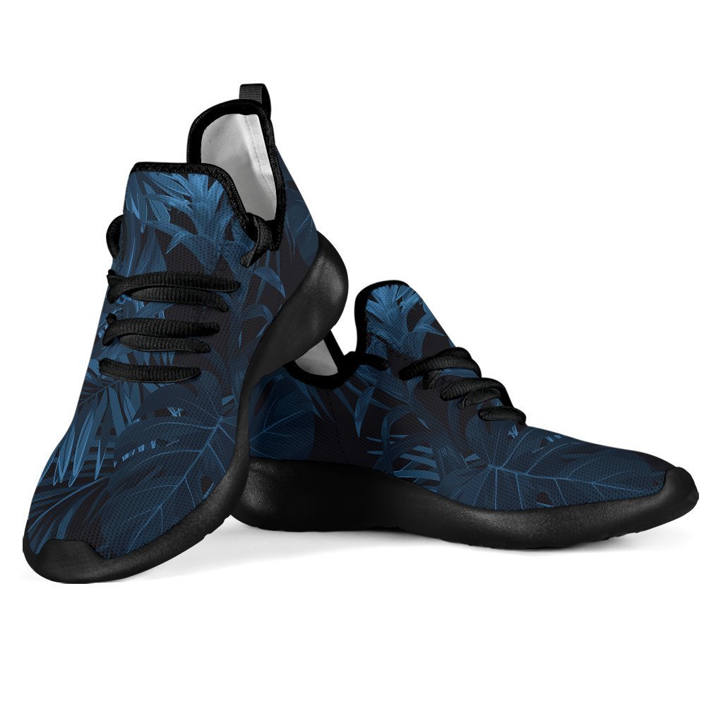 Dark Blue Tropical Leaf Pattern Print Mesh Knit Shoes GearFrost