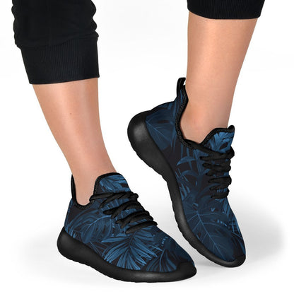 Dark Blue Tropical Leaf Pattern Print Mesh Knit Shoes GearFrost