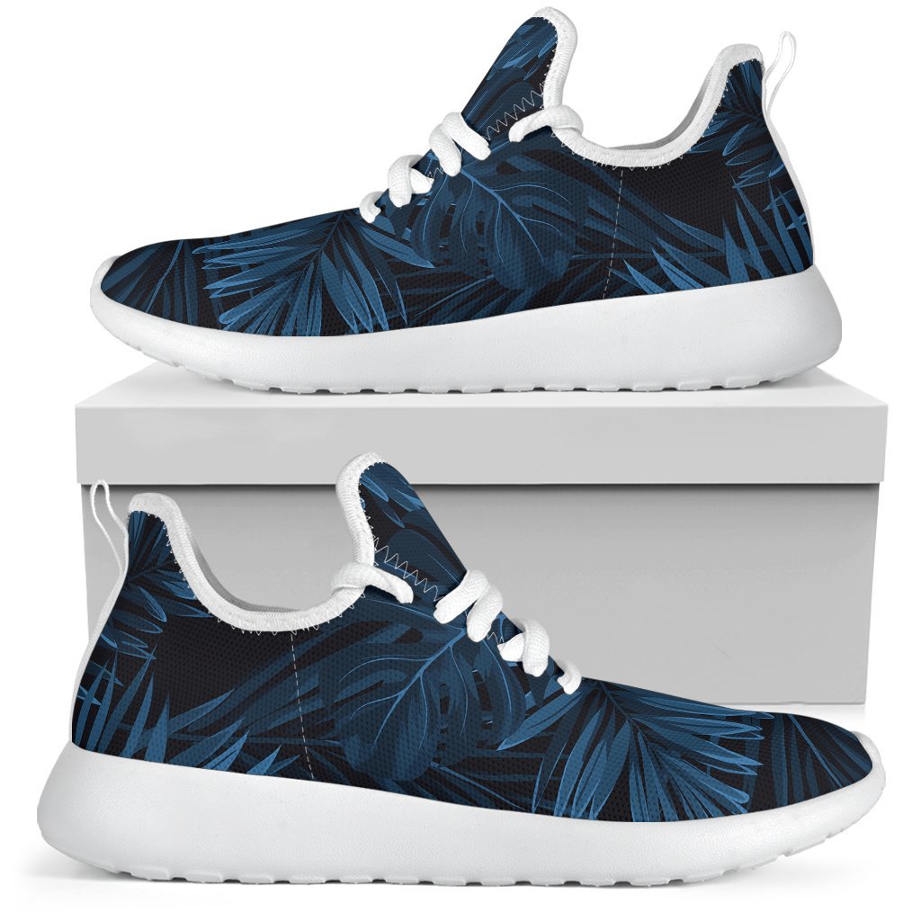 Dark Blue Tropical Leaf Pattern Print Mesh Knit Shoes GearFrost