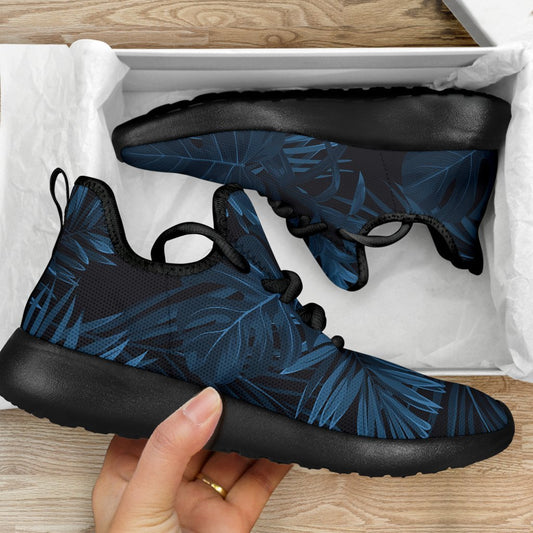 Dark Blue Tropical Leaf Pattern Print Mesh Knit Shoes GearFrost