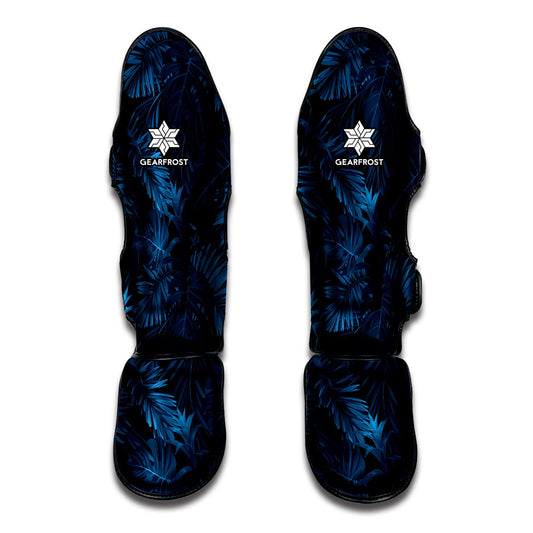 Dark Blue Tropical Leaf Pattern Print Muay Thai Shin Guard