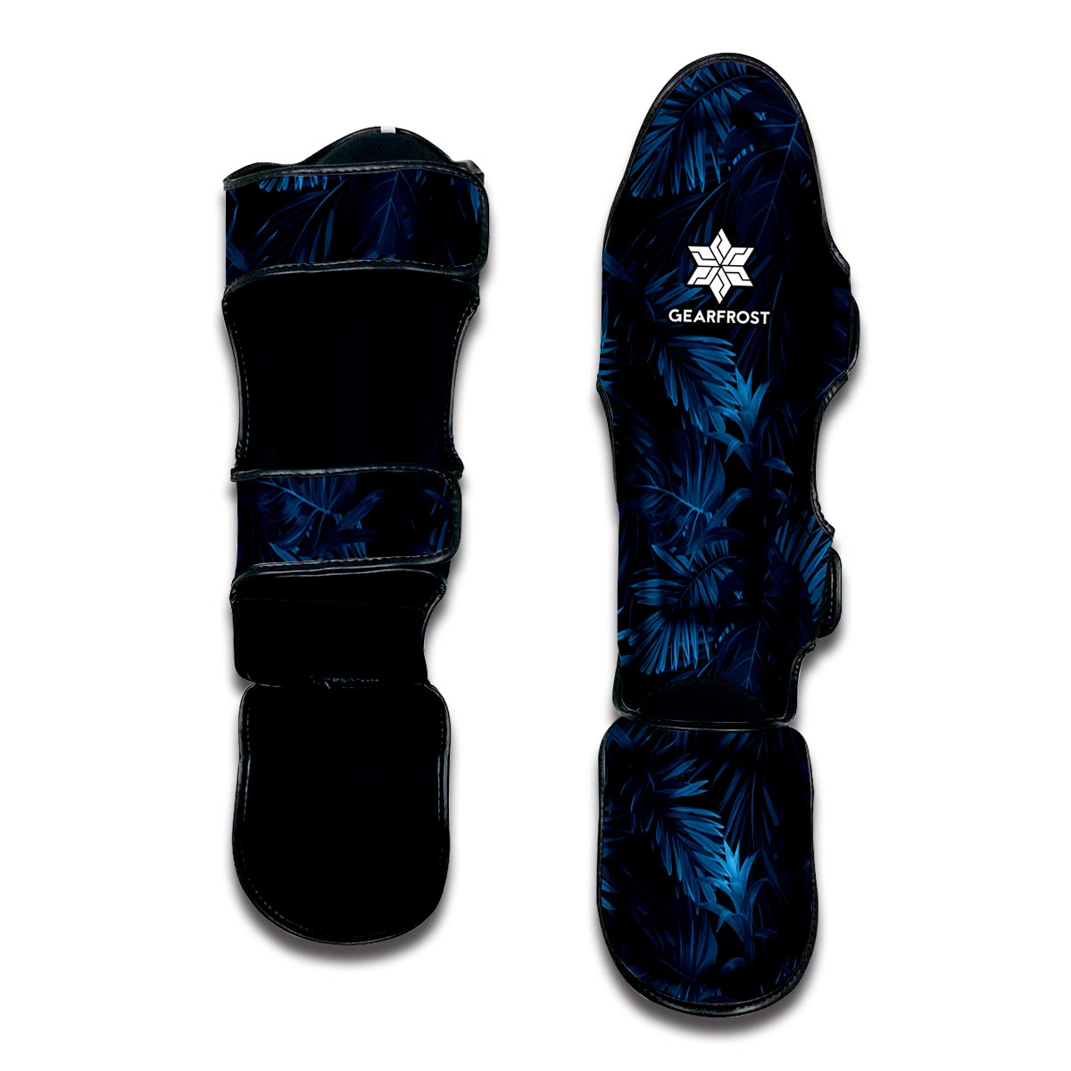 Dark Blue Tropical Leaf Pattern Print Muay Thai Shin Guard