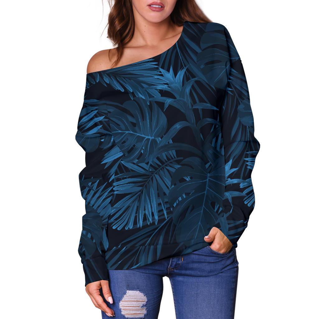 Dark Blue Tropical Leaf Pattern Print Off Shoulder Sweatshirt GearFrost