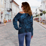 Dark Blue Tropical Leaf Pattern Print Off Shoulder Sweatshirt GearFrost