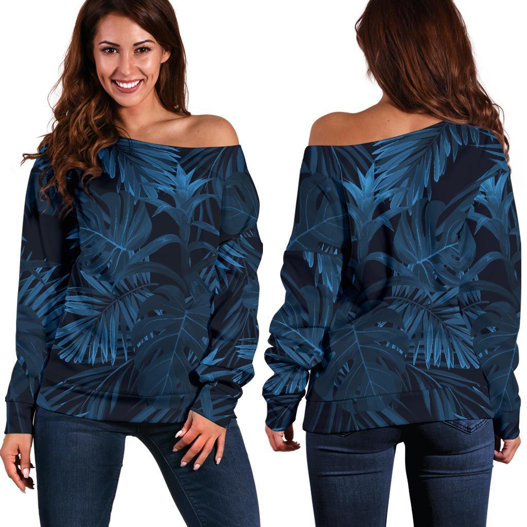 Dark Blue Tropical Leaf Pattern Print Off Shoulder Sweatshirt GearFrost