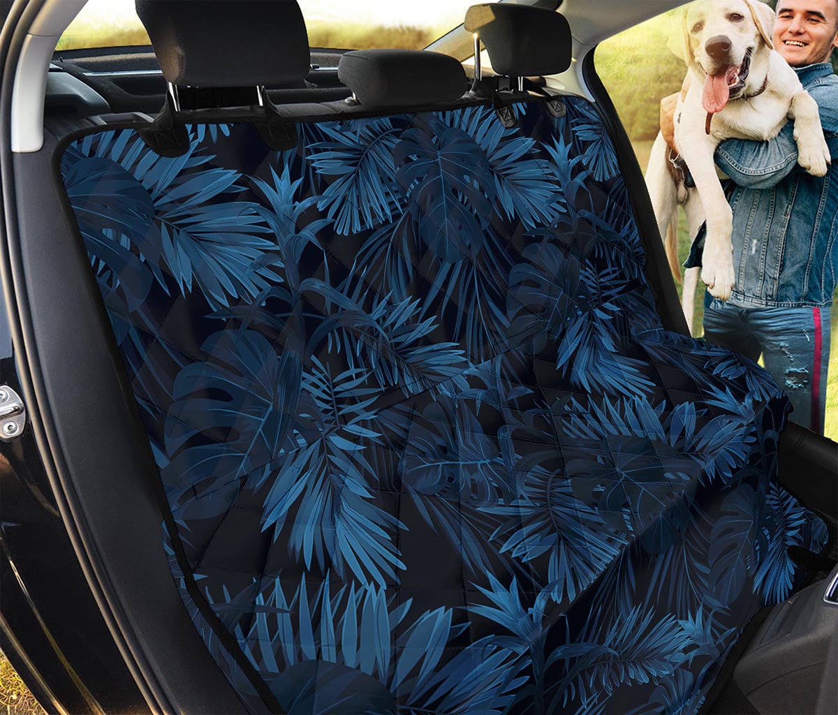 Dark Blue Tropical Leaf Pattern Print Pet Car Back Seat Cover