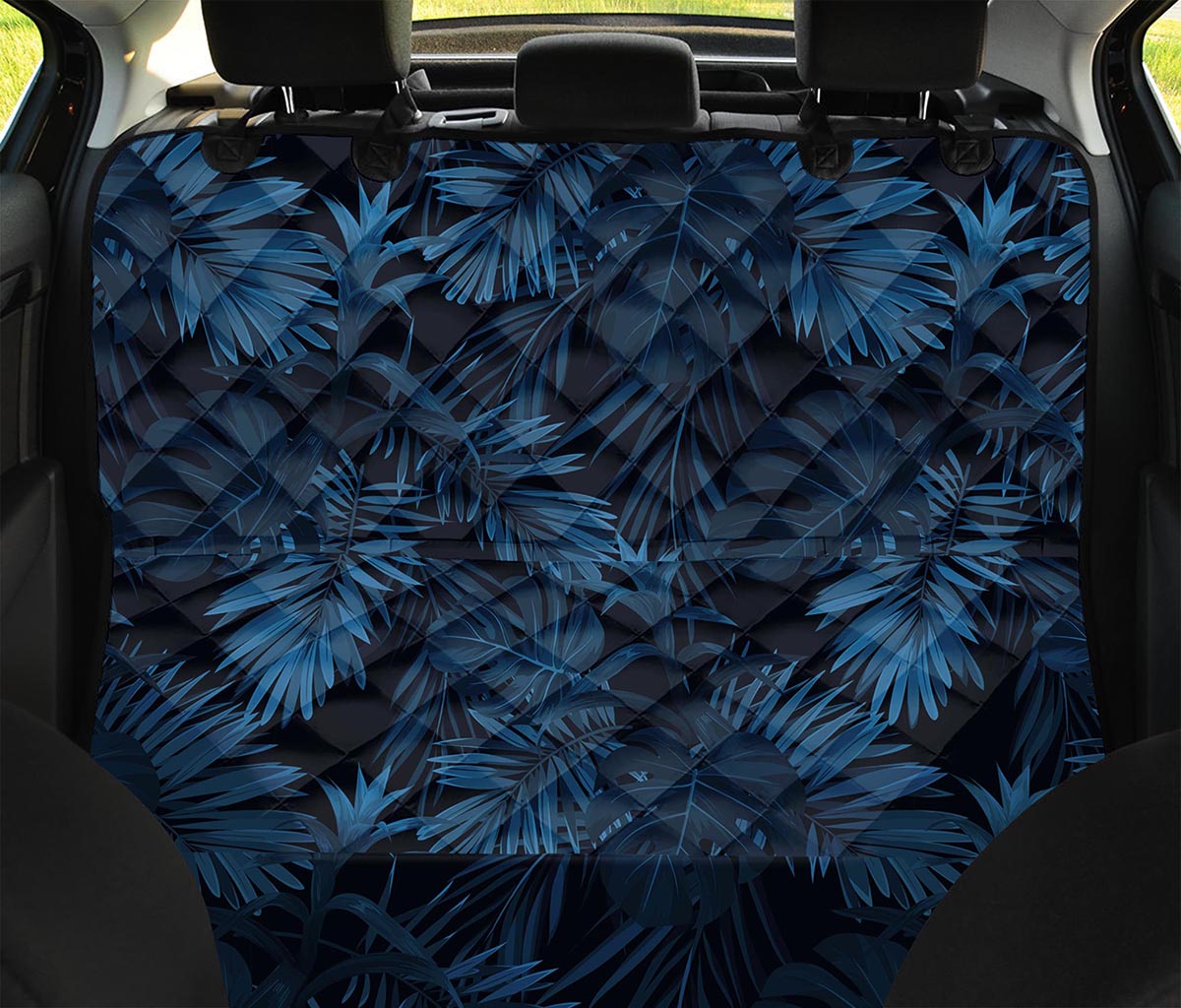 Dark Blue Tropical Leaf Pattern Print Pet Car Back Seat Cover