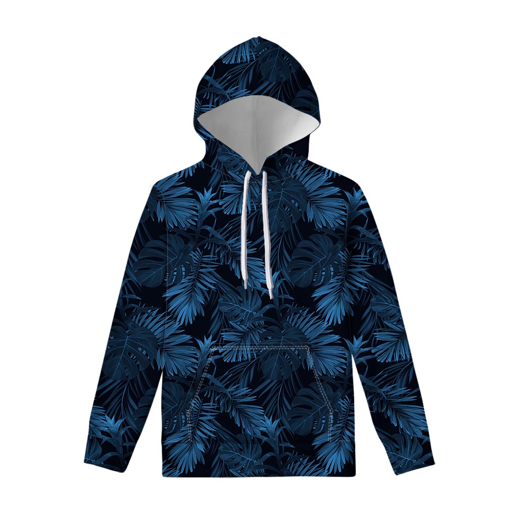 Dark Blue Tropical Leaf Pattern Print Pullover Hoodie